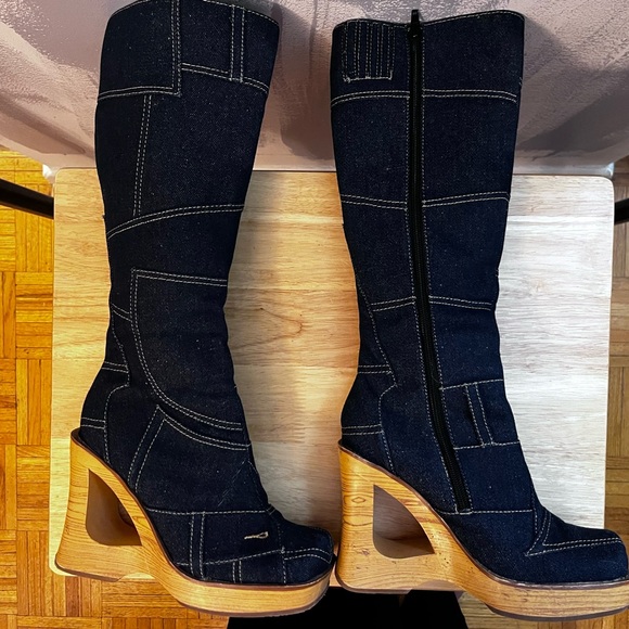 Vintage Splash Patchwork Denim Platform Wedge Boots. Y2K Statement.  Size 7 - Picture 8 of 14